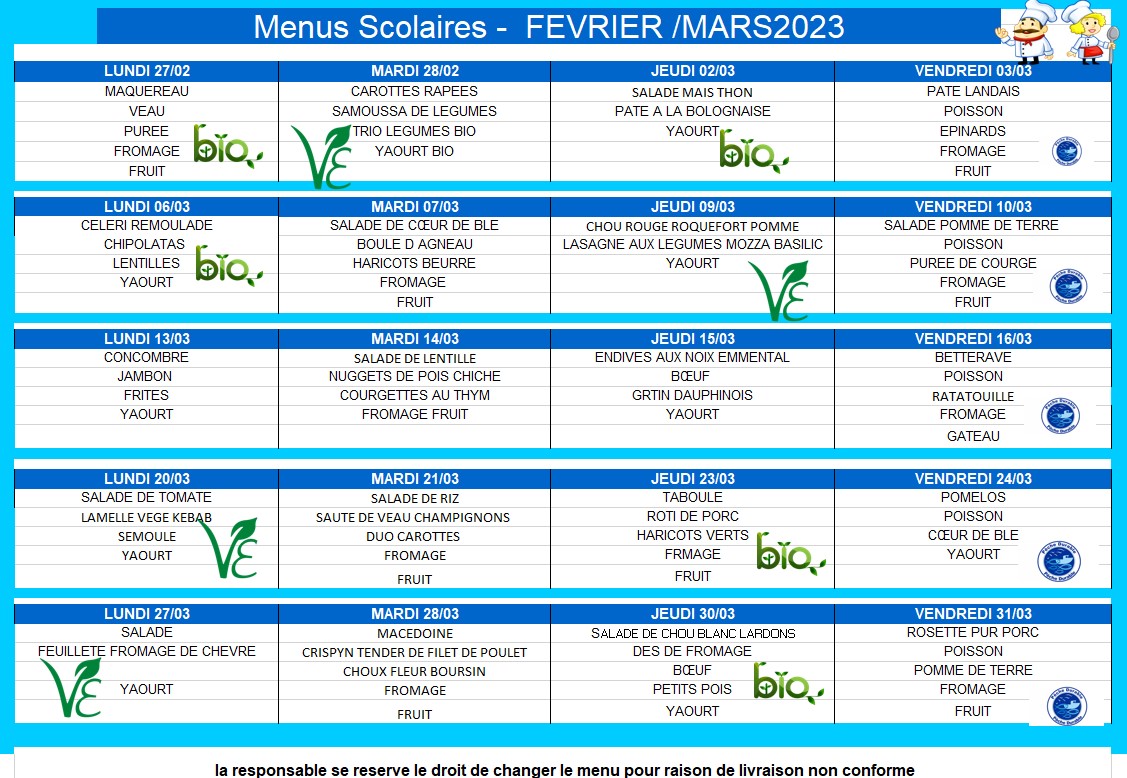 Menus Février Mars 2023 Menus Février Mars 2023