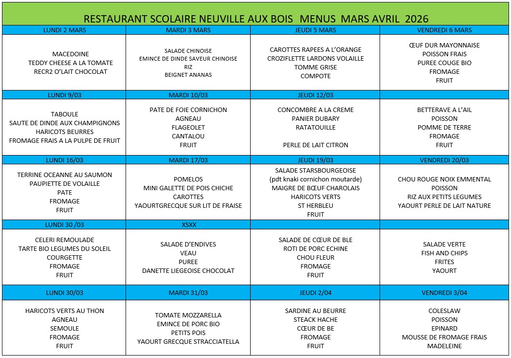 Menus Mars Avril 2026