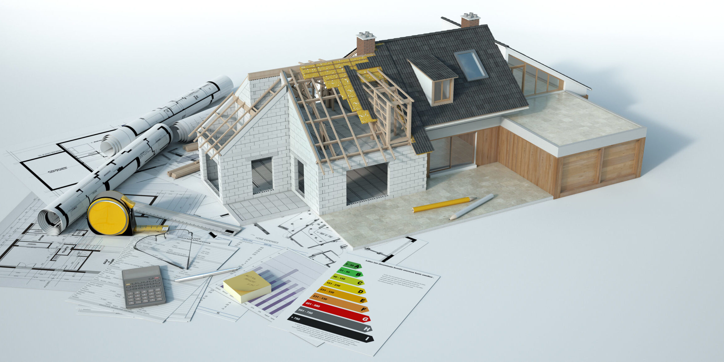 3D rendering of a house undergoing amplifying renovations with an energy chart, blueprints and other documents
